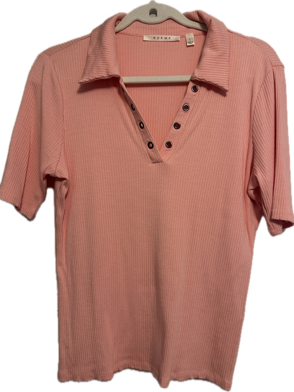 Cyrus Coral Pink /peach Ribbed Short Sleeve Polo with Grommet V-Neck.